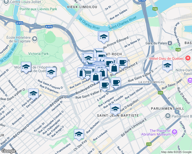 map of restaurants, bars, coffee shops, grocery stores, and more near 375 Rue Saint-Joseph Est in Québec