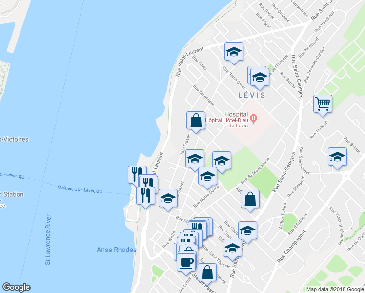 map of restaurants, bars, coffee shops, grocery stores, and more near 29 C Rue Fraser in Lévis