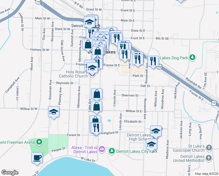 map of restaurants, bars, coffee shops, grocery stores, and more near 1027 Washington Avenue in Detroit Lakes