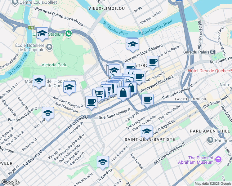 map of restaurants, bars, coffee shops, grocery stores, and more near 282 Rue Saint-Joseph Est in Québec
