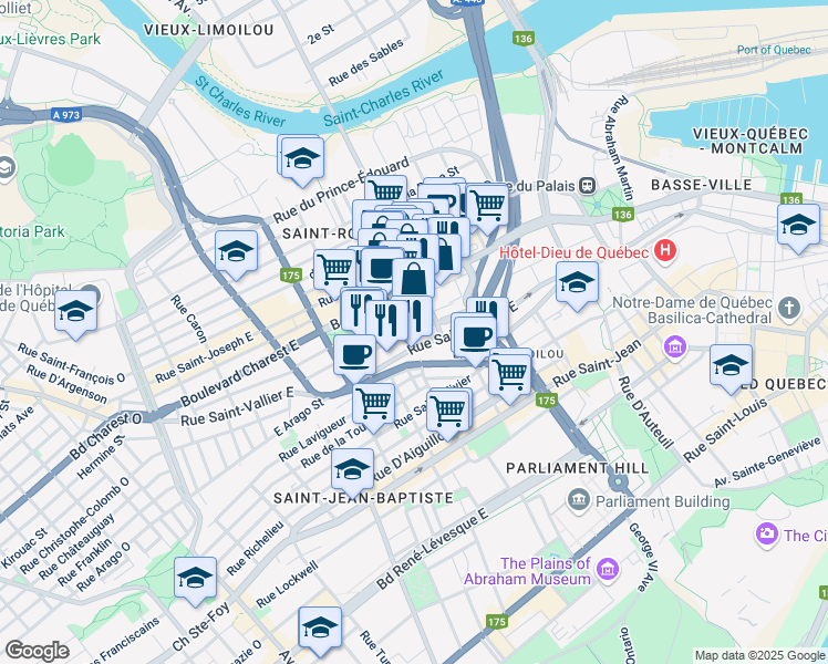 map of restaurants, bars, coffee shops, grocery stores, and more near 619 Rue Fleurie in Québec
