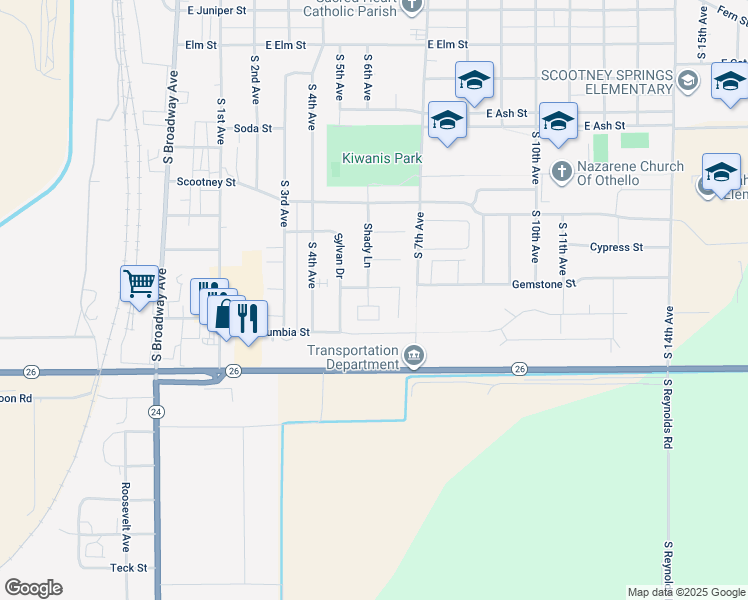 map of restaurants, bars, coffee shops, grocery stores, and more near 1125 Shady Lane in Othello