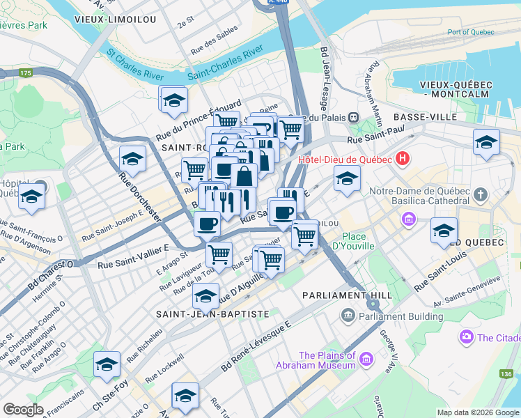 map of restaurants, bars, coffee shops, grocery stores, and more near 556 Carré Lépine in Quebec