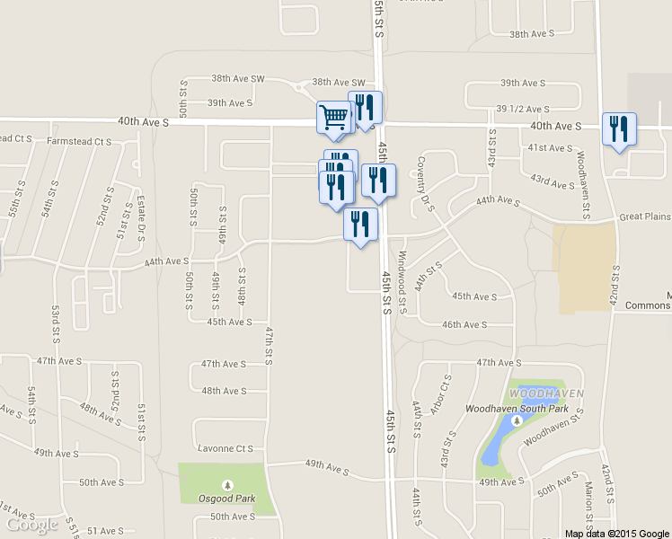 map of restaurants, bars, coffee shops, grocery stores, and more near 4574 44th Avenue South in Fargo