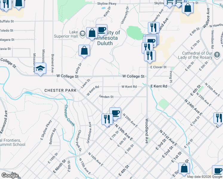 map of restaurants, bars, coffee shops, grocery stores, and more near 218 West Kent Road in Duluth