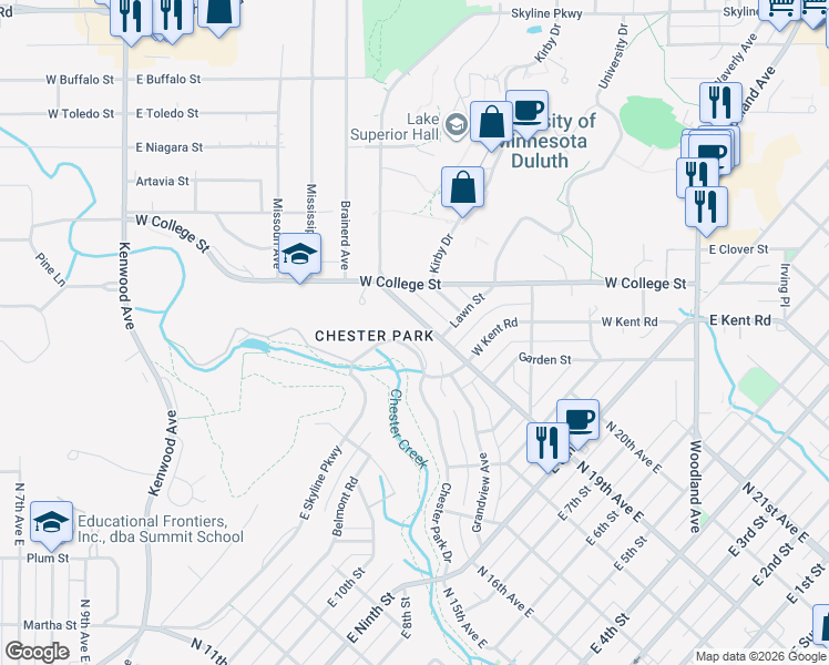 map of restaurants, bars, coffee shops, grocery stores, and more near 1126 Chester Park Drive in Duluth
