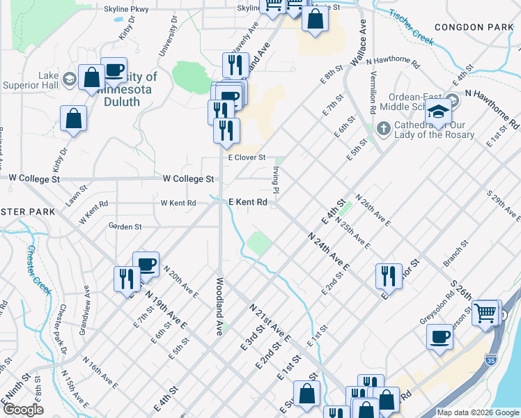 map of restaurants, bars, coffee shops, grocery stores, and more near 44 East Kent Road in Duluth