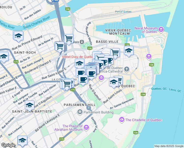 map of restaurants, bars, coffee shops, grocery stores, and more near 19 Rue Sainte Angèle in Quebec