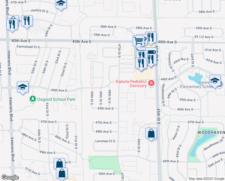 map of restaurants, bars, coffee shops, grocery stores, and more near 4433 47th Street South in Fargo