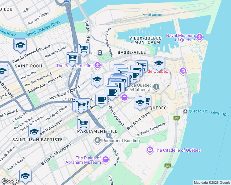 map of restaurants, bars, coffee shops, grocery stores, and more near 1070 Rue Saint-Jean in Québec