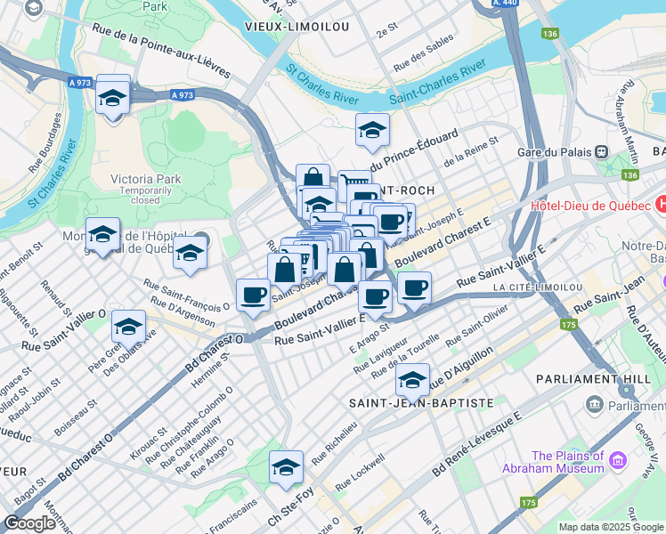 map of restaurants, bars, coffee shops, grocery stores, and more near 296 Rue Saint-Joseph Est in Québec