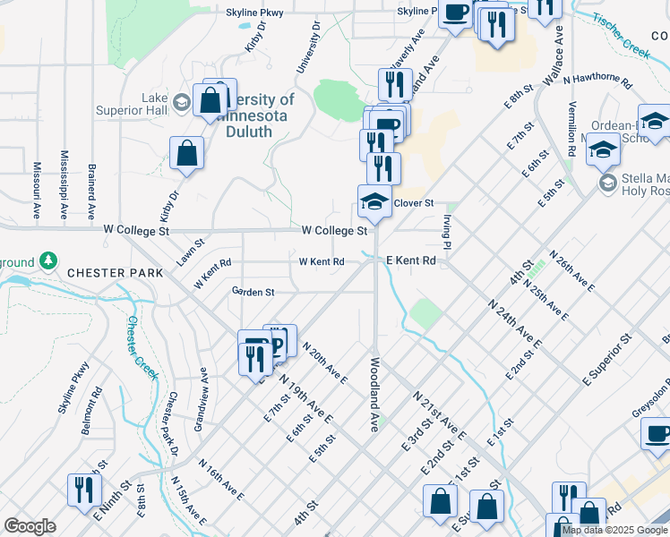 map of restaurants, bars, coffee shops, grocery stores, and more near 104 West Kent Road in Duluth