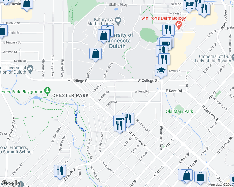 map of restaurants, bars, coffee shops, grocery stores, and more near 240 West Kent Road in Duluth