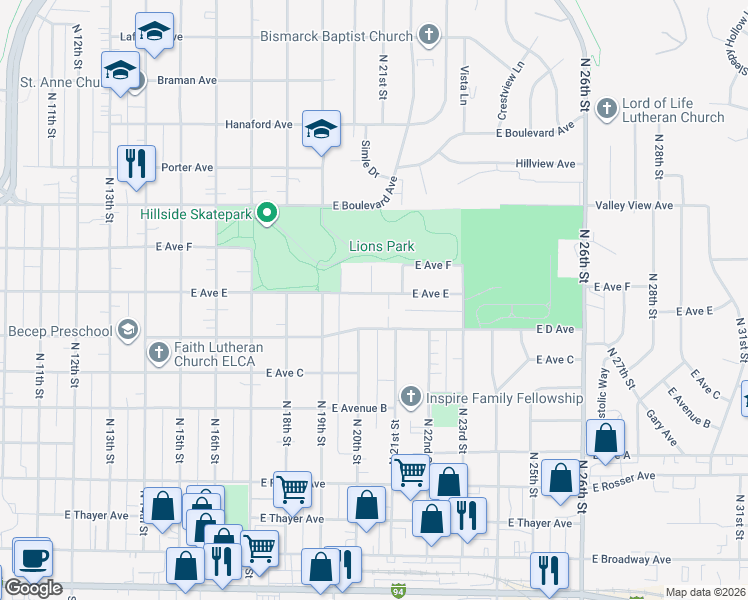 map of restaurants, bars, coffee shops, grocery stores, and more near 2001 East Avenue East in Bismarck