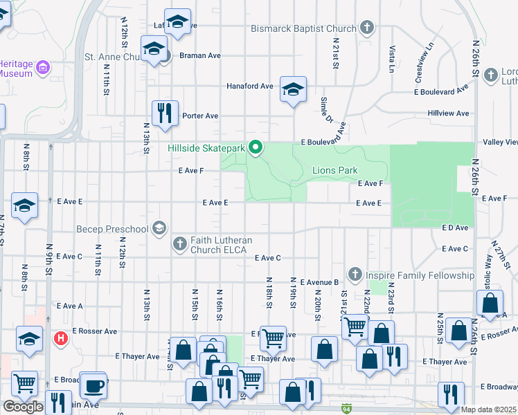 map of restaurants, bars, coffee shops, grocery stores, and more near 1715 East Avenue E in Bismarck