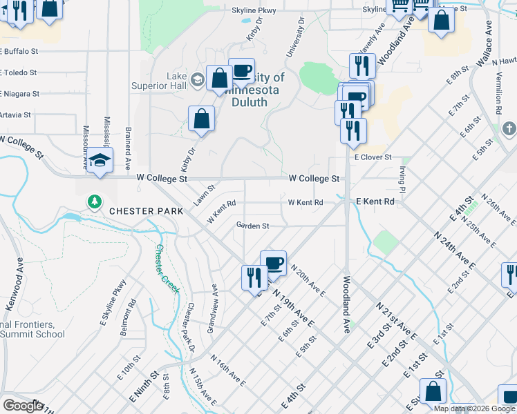 map of restaurants, bars, coffee shops, grocery stores, and more near 218 West Kent Road in Duluth