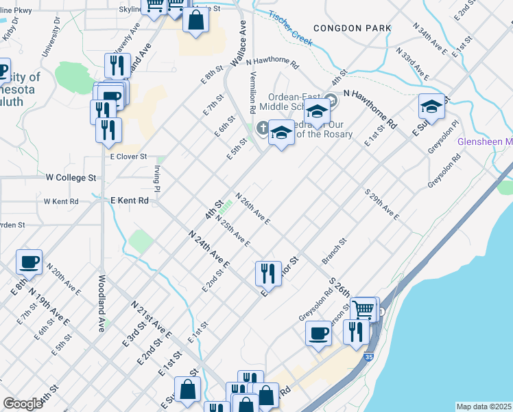 map of restaurants, bars, coffee shops, grocery stores, and more near 2602 East 3rd Street in Duluth