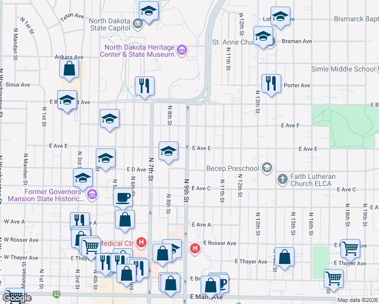 map of restaurants, bars, coffee shops, grocery stores, and more near 829 North 9th Street in Bismarck