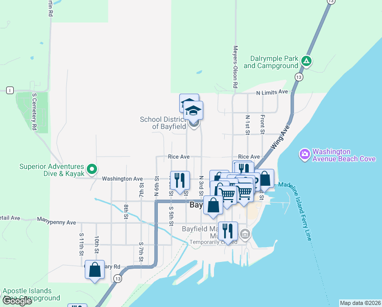 map of restaurants, bars, coffee shops, grocery stores, and more near 141 North 3rd Street in Bayfield