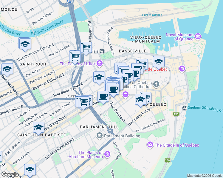 map of restaurants, bars, coffee shops, grocery stores, and more near 11 Rue Elgin in Québec