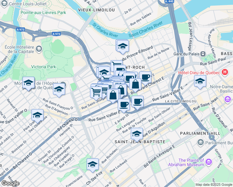 map of restaurants, bars, coffee shops, grocery stores, and more near 335 Rue Saint-Joseph Est in Québec