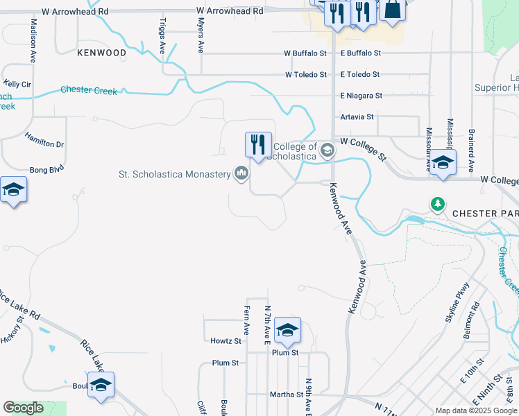 map of restaurants, bars, coffee shops, grocery stores, and more near 935 Kenwood Avenue in Duluth
