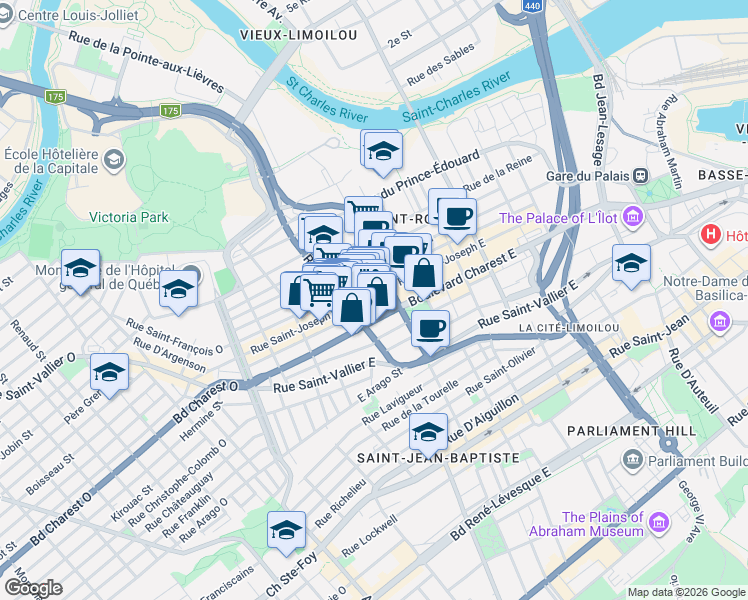map of restaurants, bars, coffee shops, grocery stores, and more near 420 Rue de La Cité in Québec