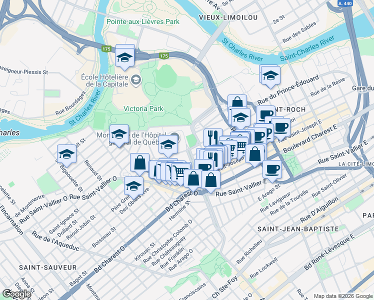 map of restaurants, bars, coffee shops, grocery stores, and more near Boulevard Langelier in Québec