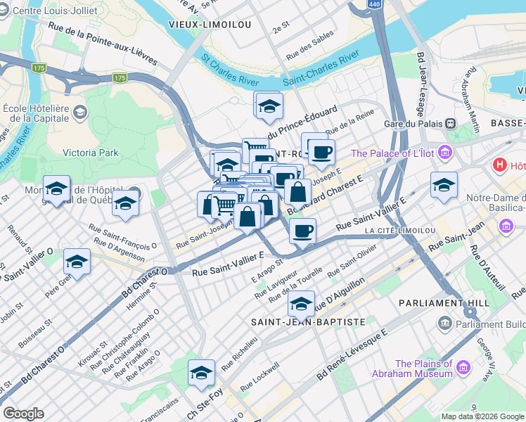 map of restaurants, bars, coffee shops, grocery stores, and more near 420 Rue de La Cité in Québec