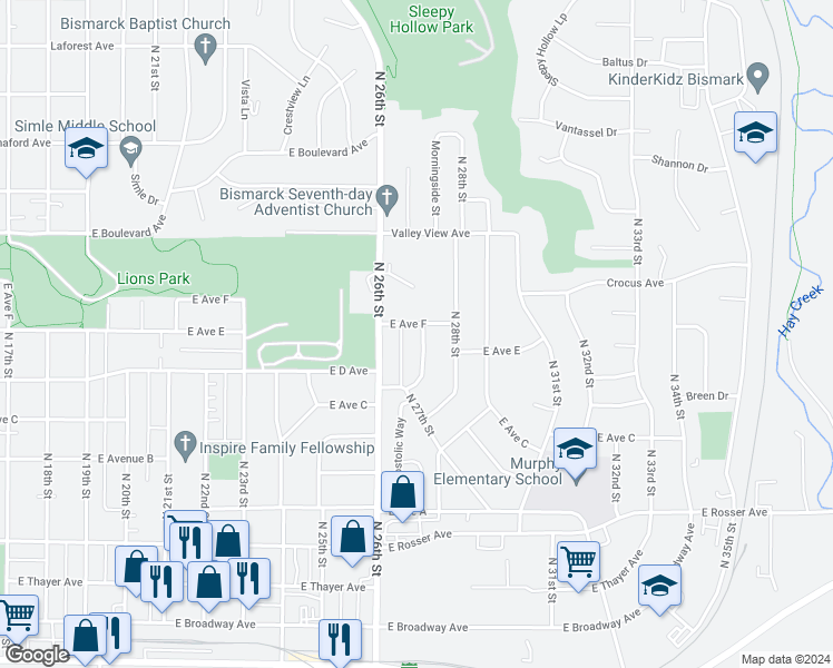 map of restaurants, bars, coffee shops, grocery stores, and more near 826 North 27th Street in Bismarck