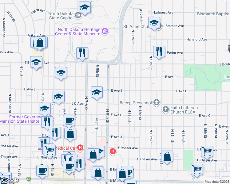 map of restaurants, bars, coffee shops, grocery stores, and more near 823 North 9th Street in Bismarck