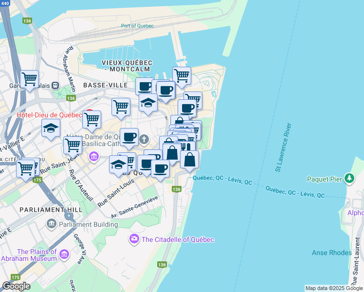 map of restaurants, bars, coffee shops, grocery stores, and more near 51 Rue Saint-Pierre in Québec