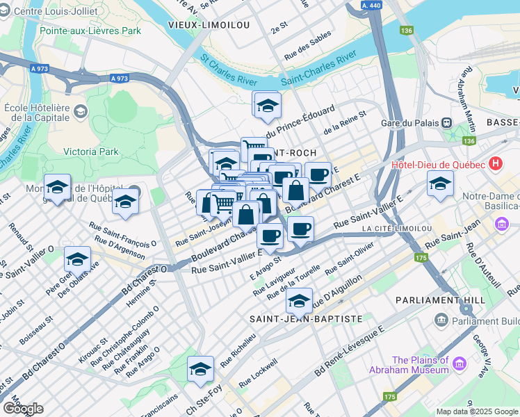 map of restaurants, bars, coffee shops, grocery stores, and more near 375 Rue Saint-Joseph Est in Québec