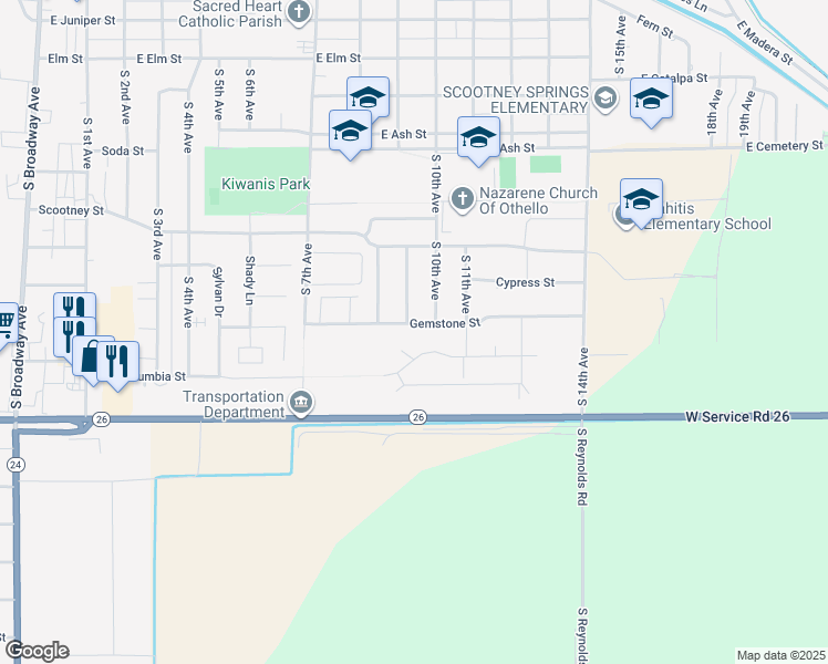 map of restaurants, bars, coffee shops, grocery stores, and more near 940 Gemstone Street in Othello