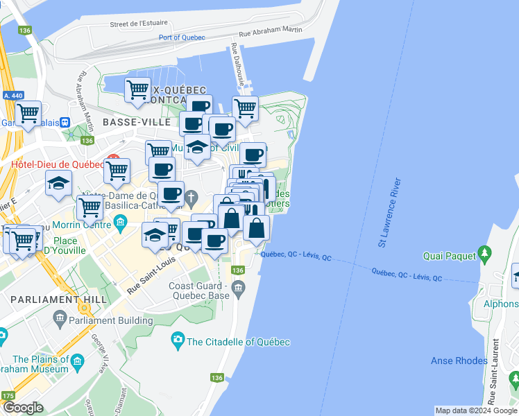 map of restaurants, bars, coffee shops, grocery stores, and more near 205 Rue du Porche in Québec