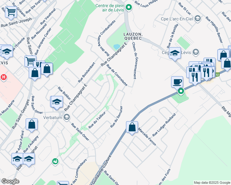 map of restaurants, bars, coffee shops, grocery stores, and more near 27 Rue Du Tonnelier in Levis