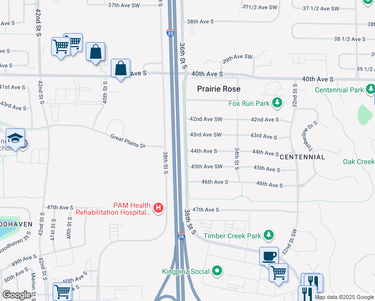 map of restaurants, bars, coffee shops, grocery stores, and more near 4901 44th Avenue Southwest in Fargo