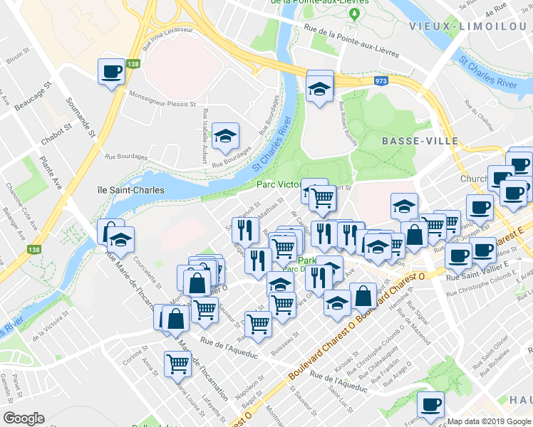map of restaurants, bars, coffee shops, grocery stores, and more near 371 Rue Saint-Mathias in Ville de Québec
