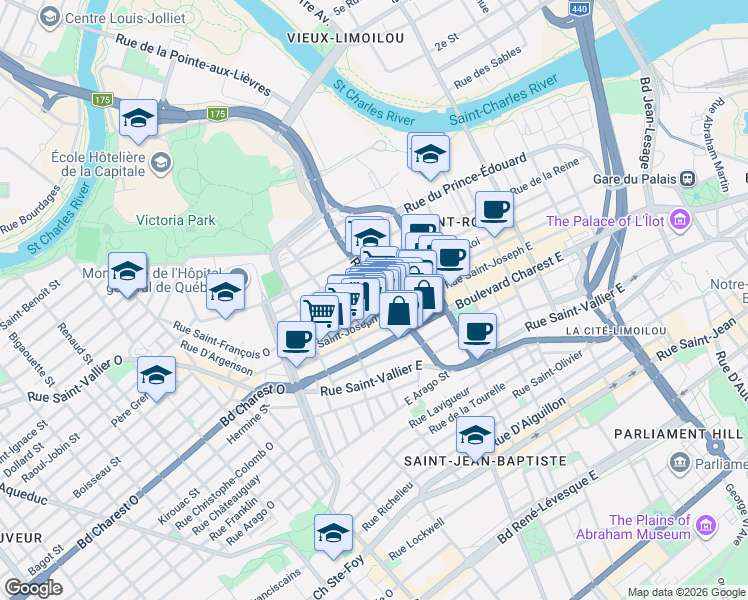 map of restaurants, bars, coffee shops, grocery stores, and more near 274 Rue Saint-François Est in Québec