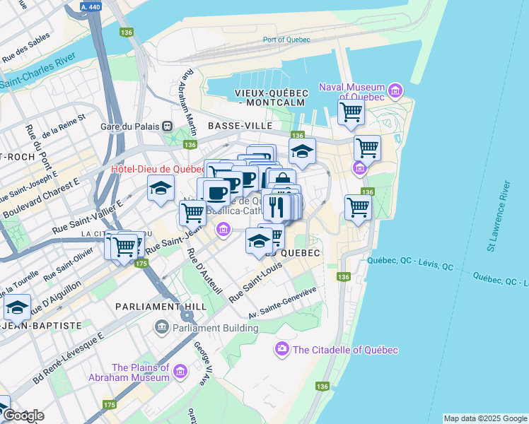 map of restaurants, bars, coffee shops, grocery stores, and more near 2 Rue des Jardins in Québec