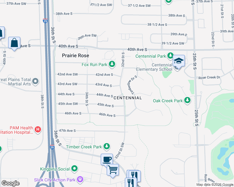 map of restaurants, bars, coffee shops, grocery stores, and more near 3204 44th Avenue South in Fargo