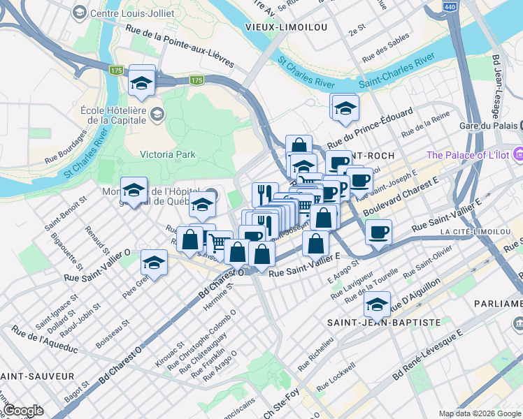 map of restaurants, bars, coffee shops, grocery stores, and more near 159 Rue de la Reine in Québec