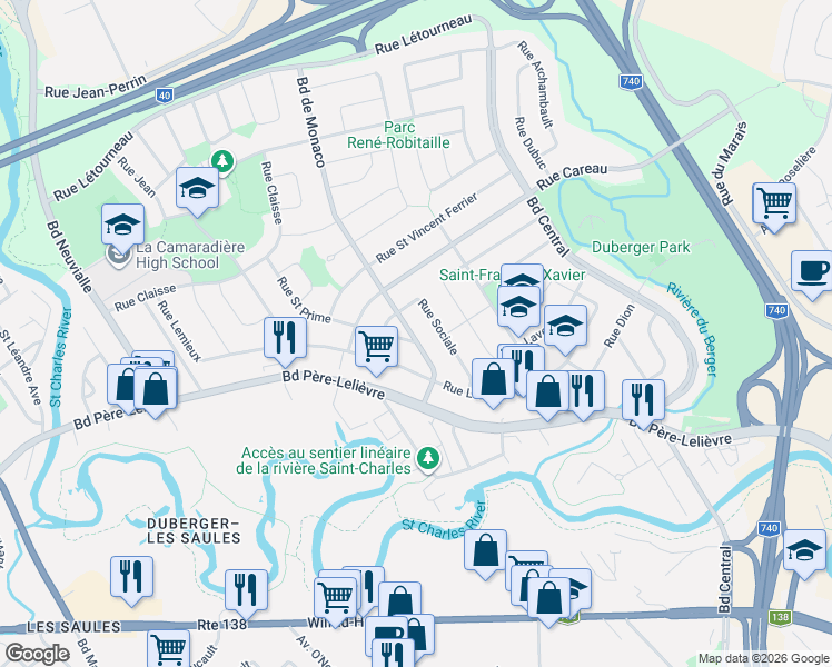 map of restaurants, bars, coffee shops, grocery stores, and more near 2880 Boulevard de Monaco in Québec