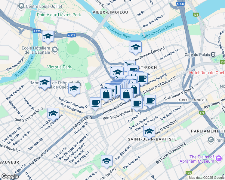 map of restaurants, bars, coffee shops, grocery stores, and more near 246 Rue du Roi in Ville de Québec