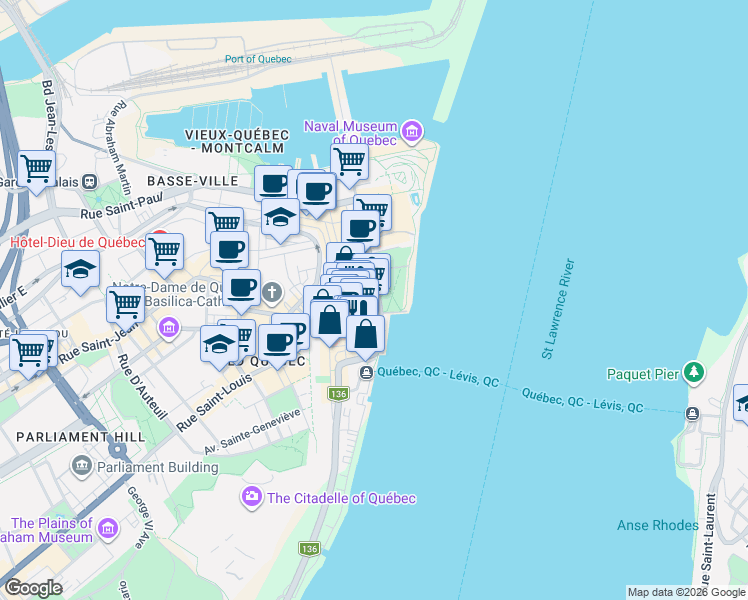 map of restaurants, bars, coffee shops, grocery stores, and more near 205 Rue du Porche in Québec