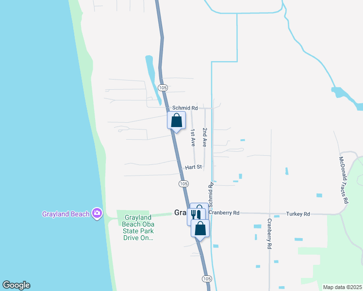 map of restaurants, bars, coffee shops, grocery stores, and more near 1668 Washington 105 in Grayland