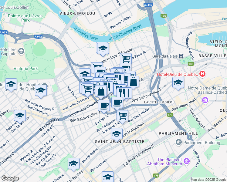 map of restaurants, bars, coffee shops, grocery stores, and more near 450 Boulevard Charest Est in Québec