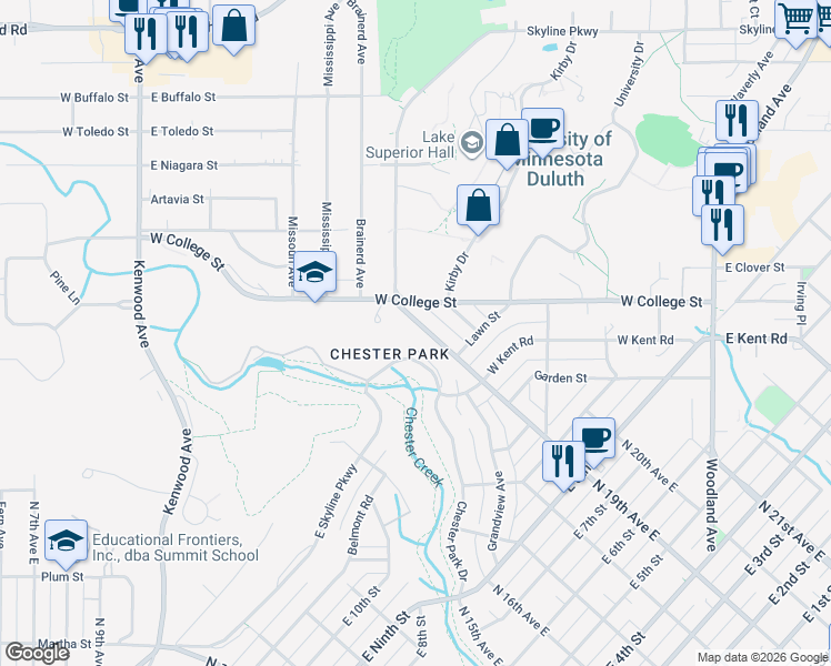 map of restaurants, bars, coffee shops, grocery stores, and more near 1126 Chester Park Drive in Duluth