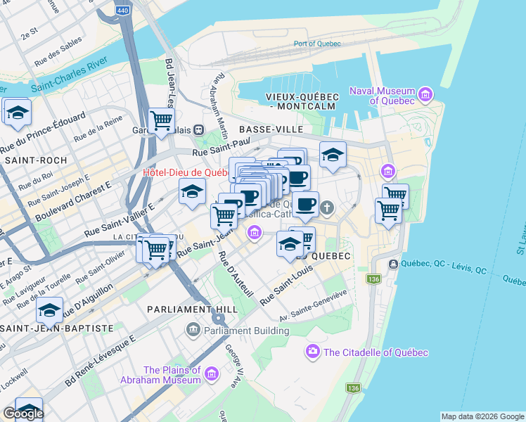 map of restaurants, bars, coffee shops, grocery stores, and more near 1147 Rue Saint-Jean in Québec