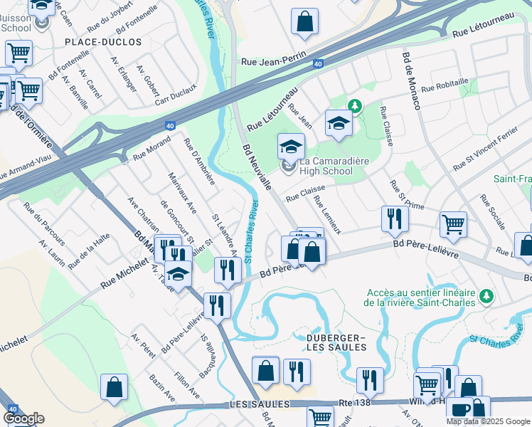 map of restaurants, bars, coffee shops, grocery stores, and more near 3145 Avenue Saint Omer in Quebec